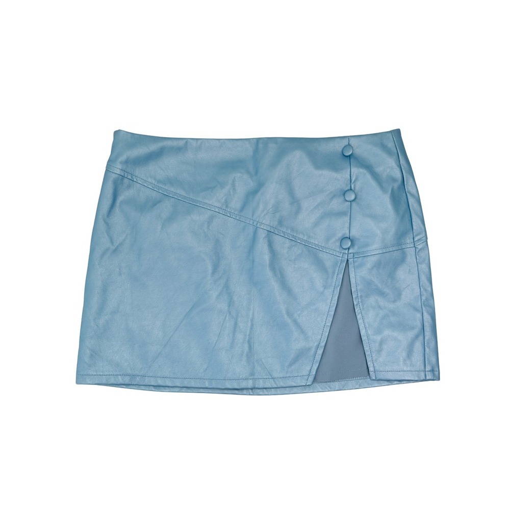 Superdown Blue Faux Leather Mini Skirt with Side Slit and Buttons Size S